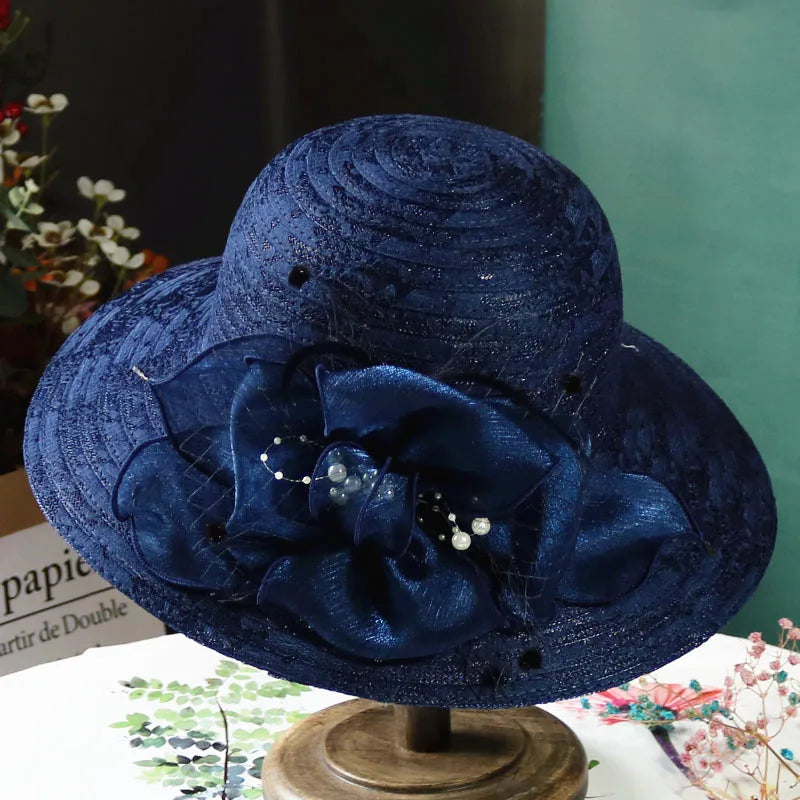Elegant mesh pearl flower sun hat, foldable LADYLYS