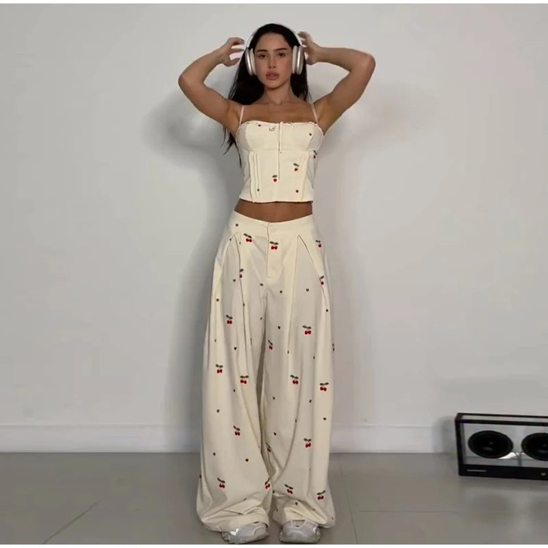 Sexy Print Vest Pants Women Set Beach Patchwork Slash Neck Lace Up Top LADYLYS