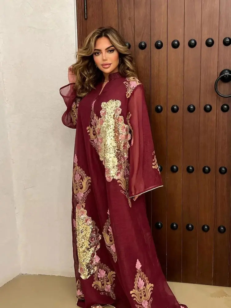 Morocco Dress for Women Muslim Abaya India Stand Collar Abayas Enbroidery Sequins LADYLYS
