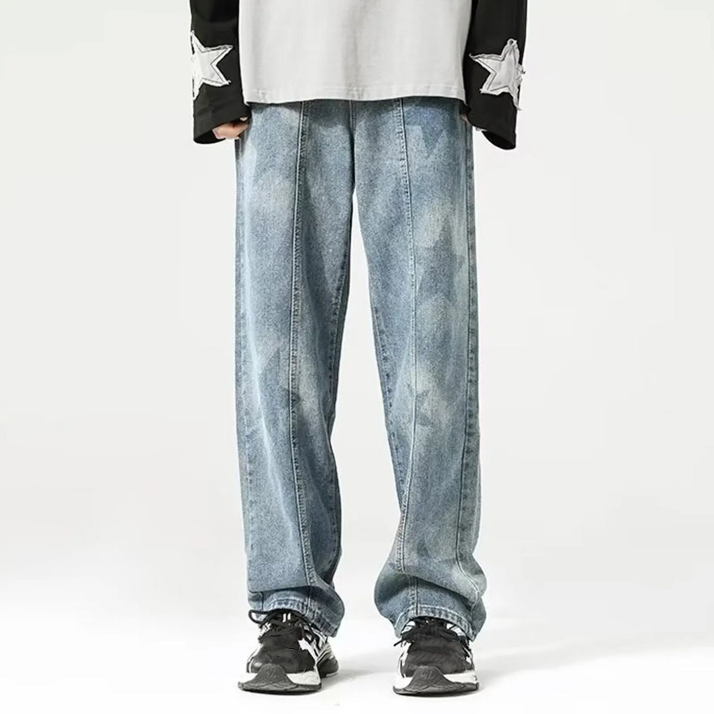 Jean Baggy pour homme, pantalon en denim droit à imprimé étoiles, style hip-hop