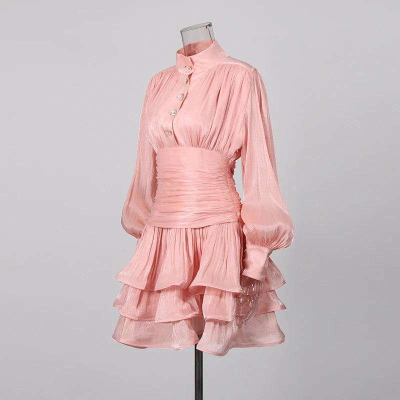 Solid Spliced Ruffles Dress Female Stand Collar Long Sleeve Loose French Elegant LADYLYS