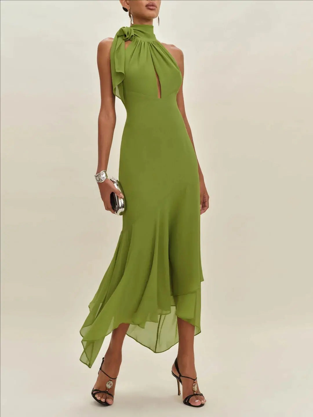 Temperament Halter Neck Long Dresses Green Backless Leace-up Elegant LADYLYS