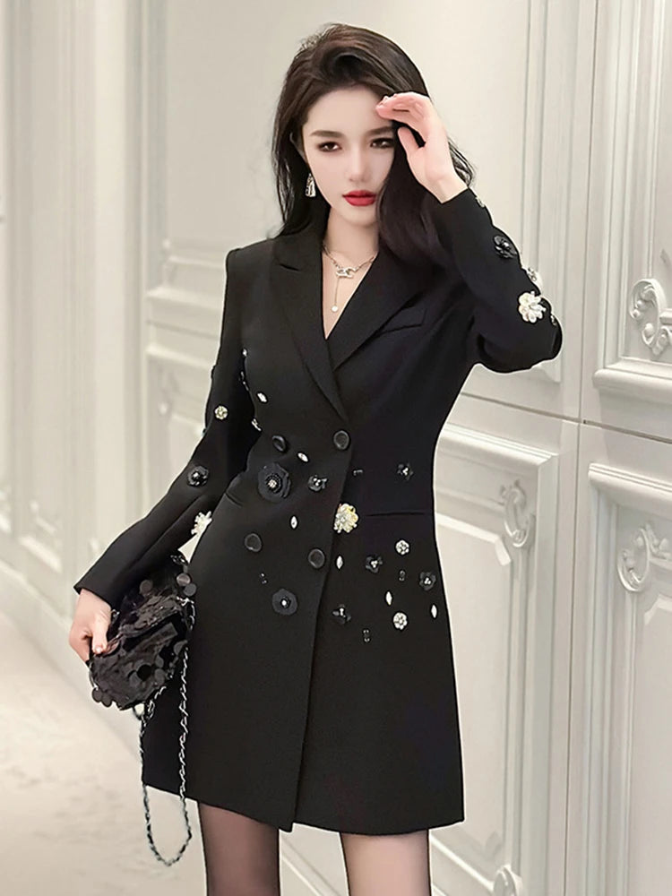 Manteau de costume noir de luxe exquis pour femme, veste d'affaires professionnelle à paillettes en diamant français