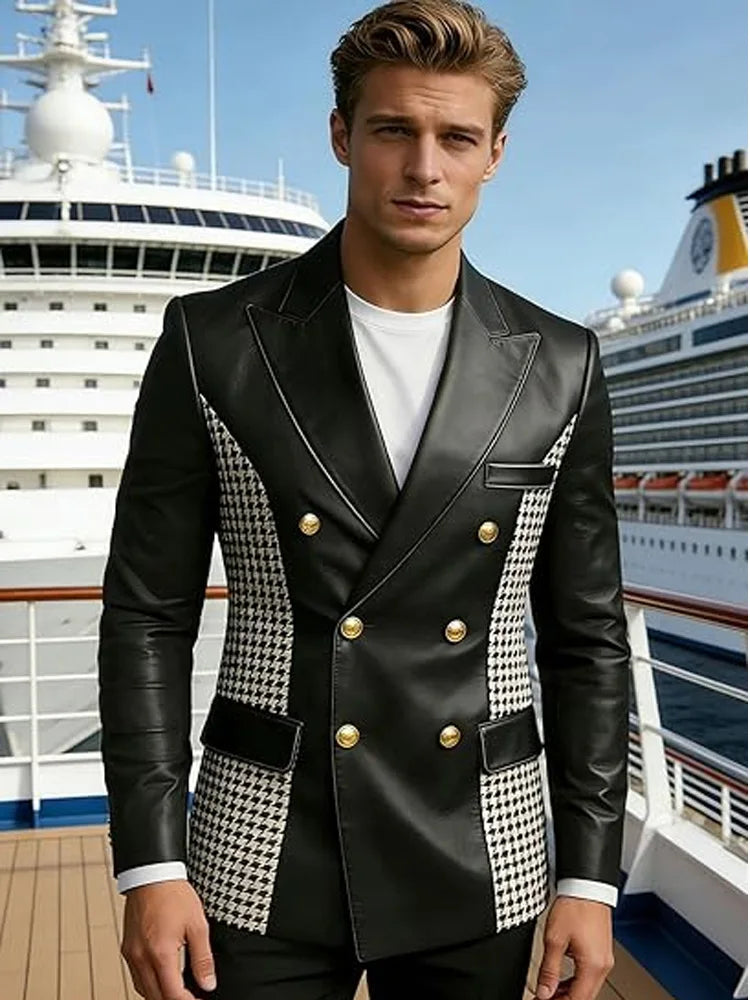 Leather Blazer With Houndstooth Sides Vintage Two-Tone Double Breasted LADYLYS