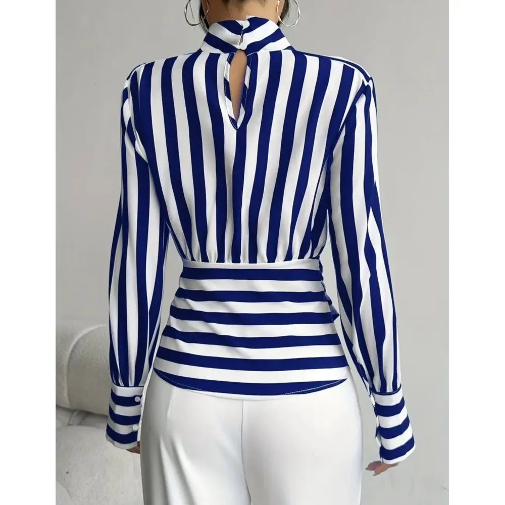 Fashion Trendy Women Black White Contrast Striped Shirt Autumn New Retro Scarf Collar Long-sleeved Elegant Female Pullover Shirt LADYLYS