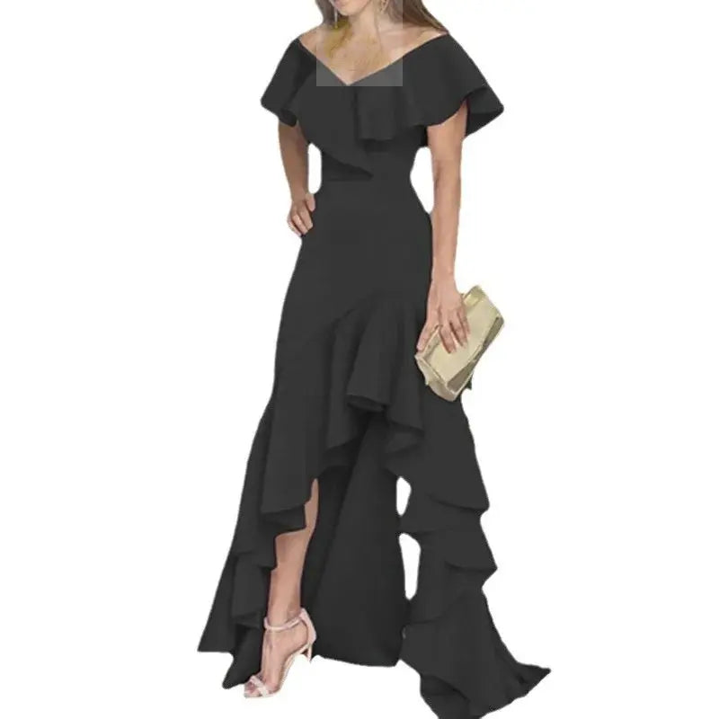 Beauty style elegant V-neck ruffled irregular elegant dress LADYLYS