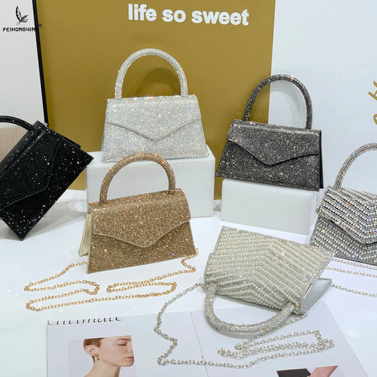 Pochette de soirée à rabat en strass pour femmes, sac messager tendance