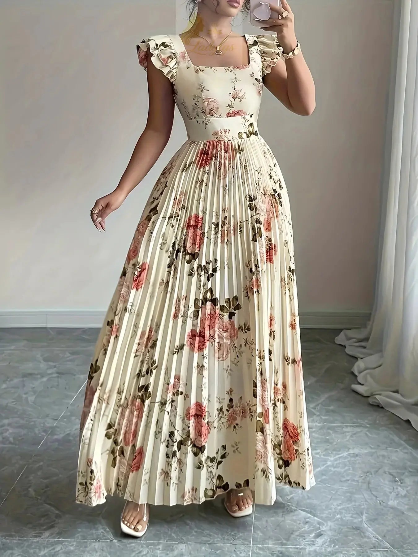 Elegant Beige Floral Pleated Midi Dress with Ruffle LADYLYS