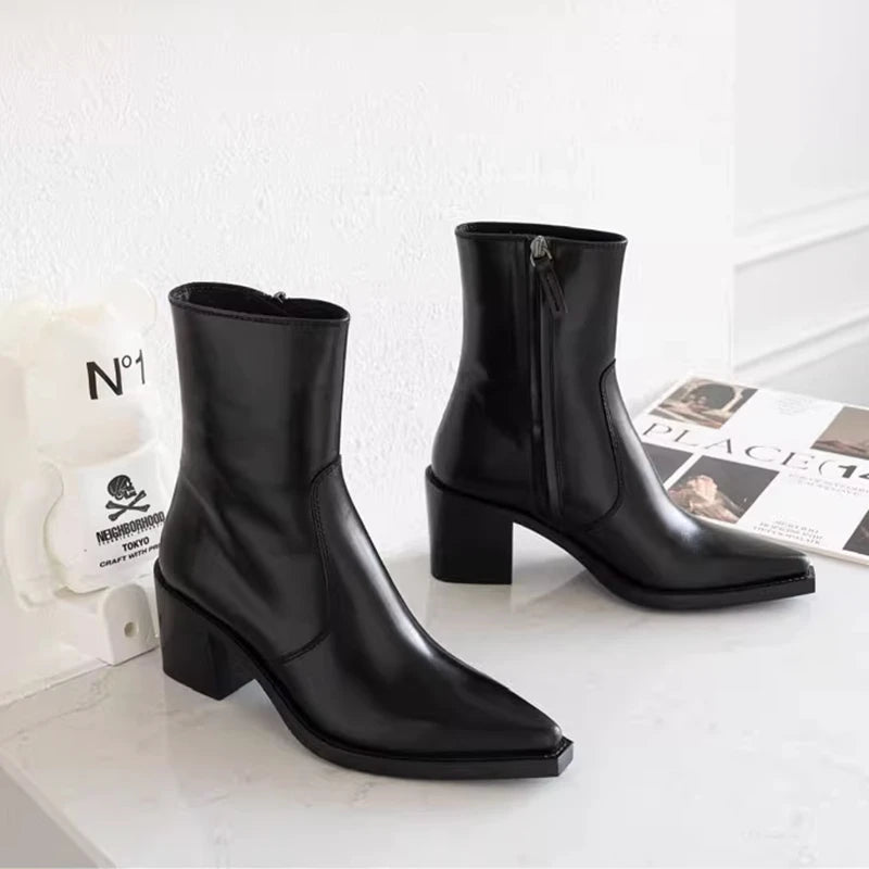 Bottes courtes élégant bout pointu, chaussures femme en cuir véritable