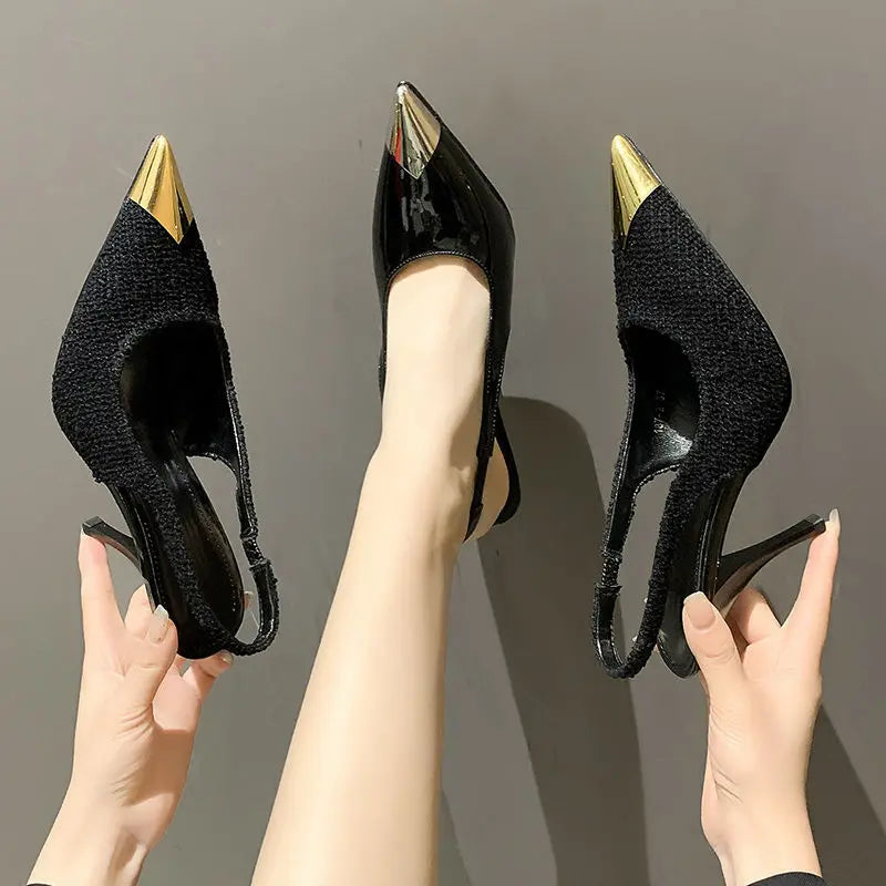 Sandales noires à talons fins et bout pointu pour femmes, chaussures Stiletto d'été