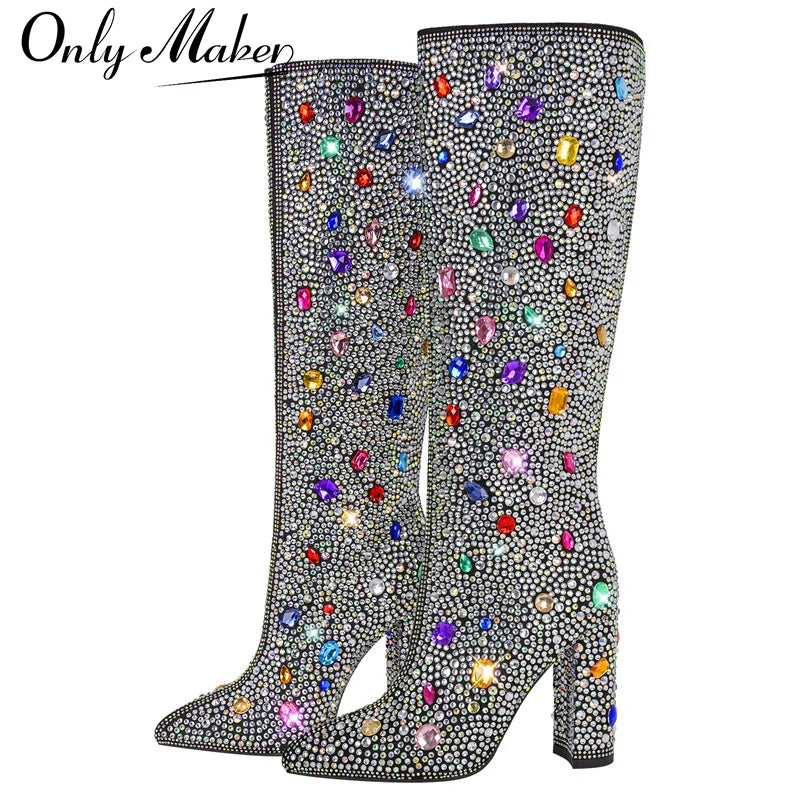 Onlymaker strass bout pointu genou bottes talon hauts fait à la main