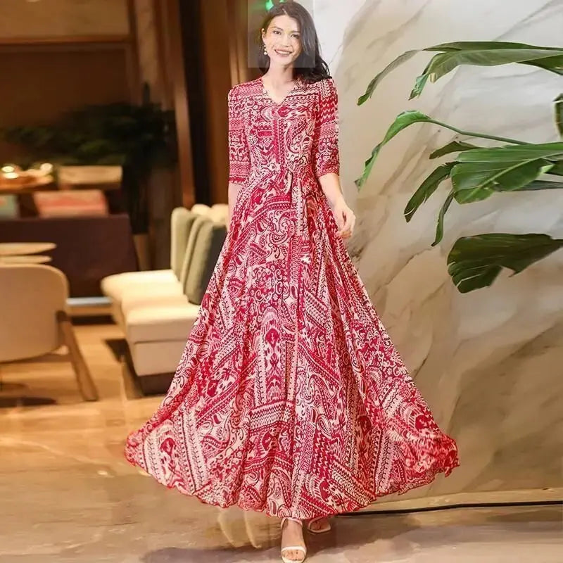 Mulberry Silk Dress Mujer Spring Summer New Temperament Printing Loose Slim Flower Long Dress Elegant LADYLYS