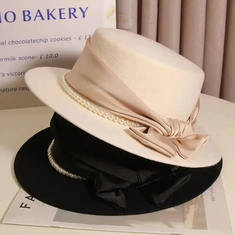 French Light Luxury Pearl Bow  Felt Flat Top Formal Hat Elegant LADYLYS