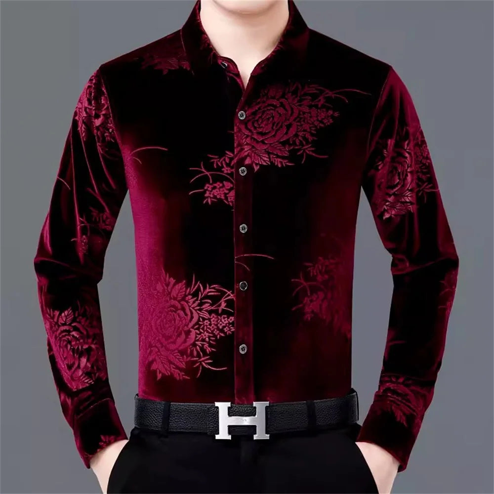 Chemise de danse latine imprimée rouge pour hommes, costume de danse moderne à manches longues, haut à revers