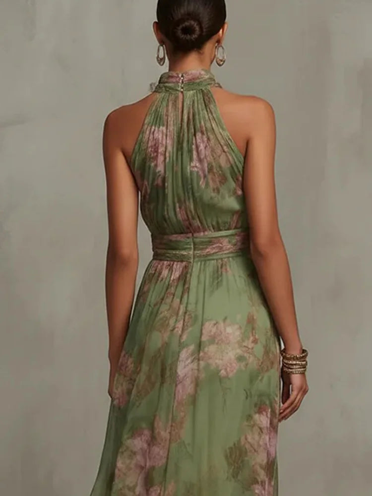 Sleeveless High Neck Ruched Waist Chiffon Flowy Evening Party Dress LADYLYS