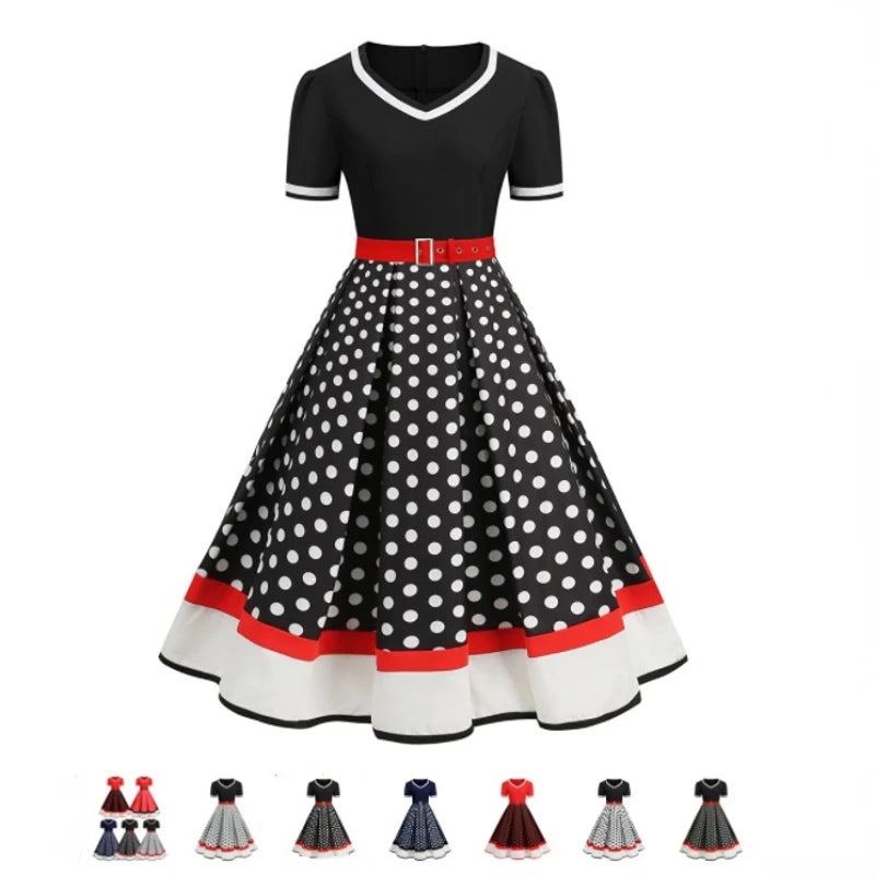 Robe d'été à pois pour femmes, Style Hepburn, col en v, manches courtes, Pinup, Vintage, Rockabilly