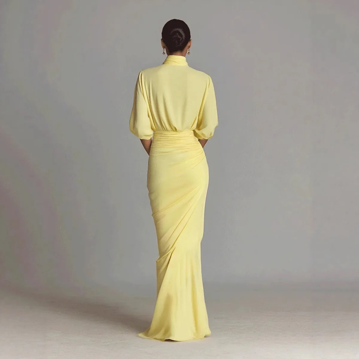Evening Dress High Neck Fashion Yellow Pleated High Waist Slim Lantern Sleeve Elegant LADYLYS