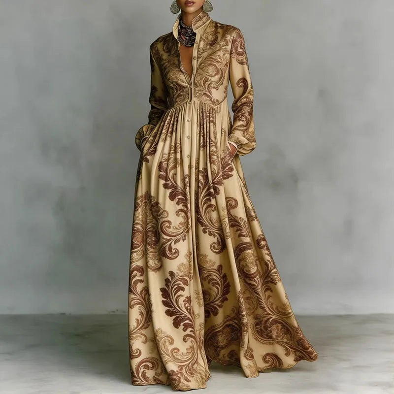 Print High Waist Pleated Woman Spring Shirt Collar Button Pockets Maxi Dress LADYLYS