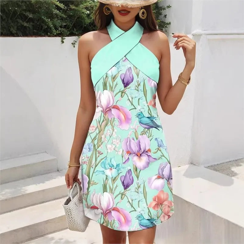 Women's Backless Cross Halter Neck Mini Dress – Sleeveless, A-Line, Summer LADYLYS