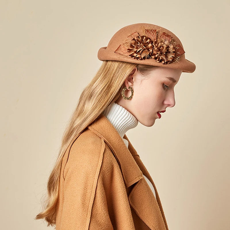 Chapeau Automne et Hiver Lady Party Formelle 100% Laine Feutre, Élégant Fleur