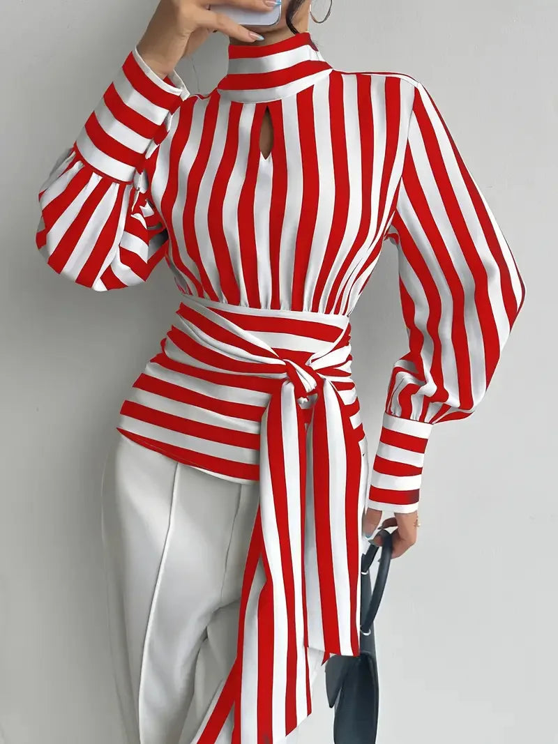 Fashion Trendy Women Black White Contrast Striped Shirt Autumn New Retro Scarf Collar Long-sleeved Elegant Female Pullover Shirt LADYLYS