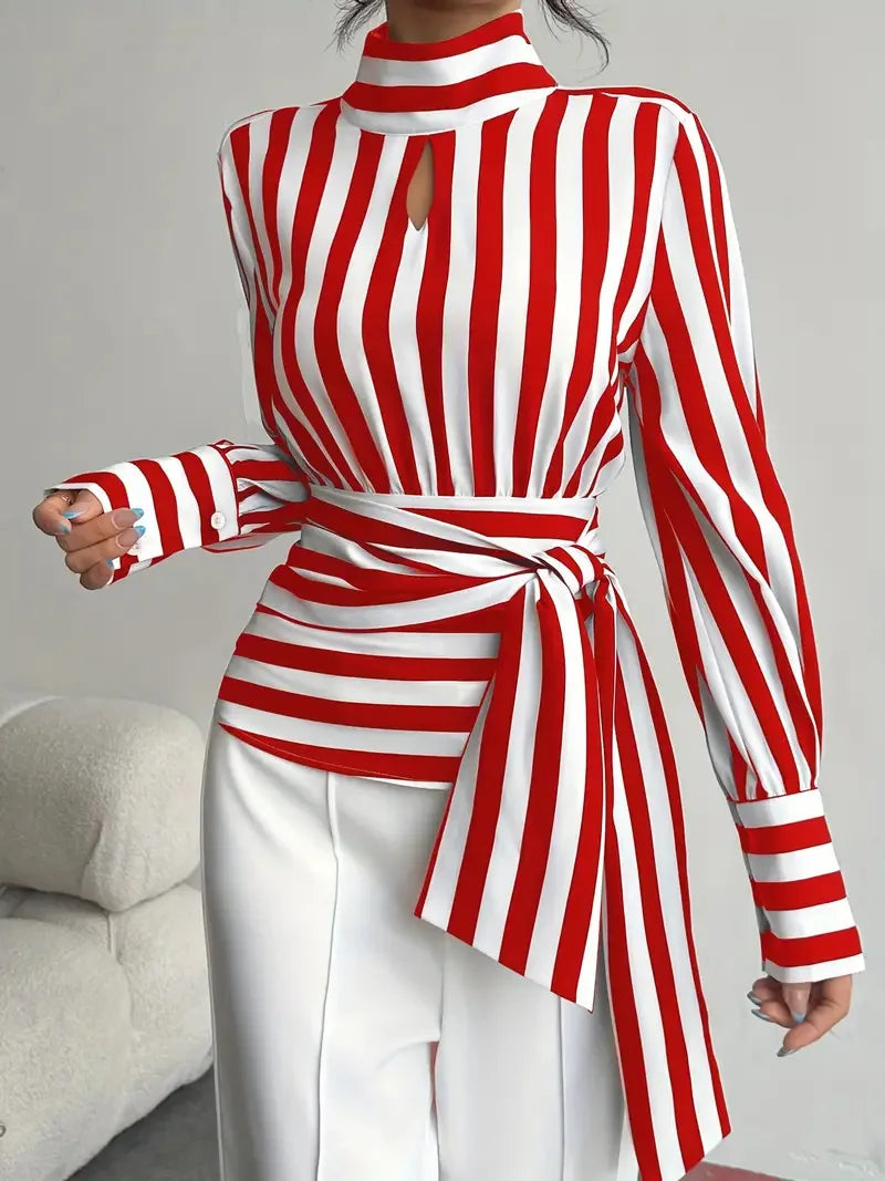 Fashion Trendy Women Black White Contrast Striped Shirt Autumn New Retro Scarf Collar Long-sleeved Elegant Female Pullover Shirt LADYLYS