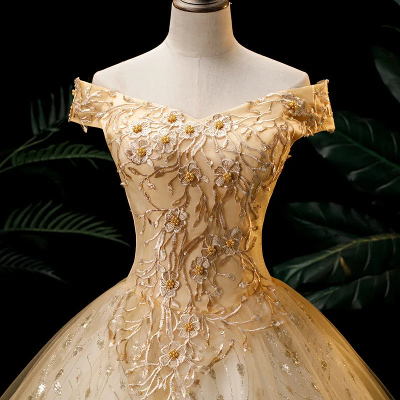 Elegant Gold Quinceanera Dress Off Shoulder Lace Embroidery LADYLYS
