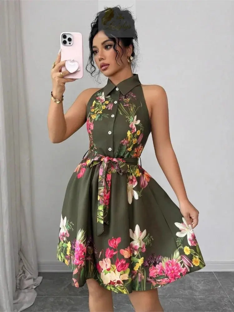 Printed Waist Halterneck Tie Dress Elegant LADYLYS