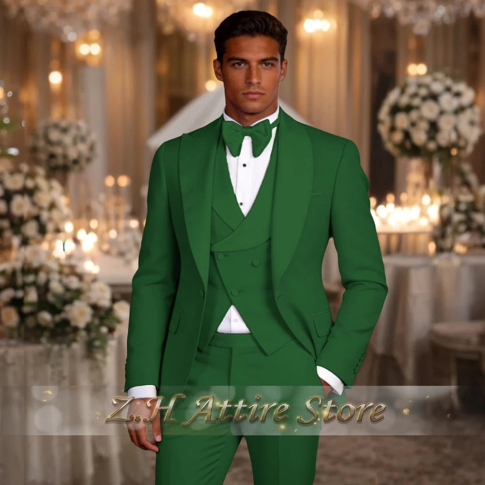 Elegant men's 3pcs suit spliced satin lapel jacket vest pants LADYLYS