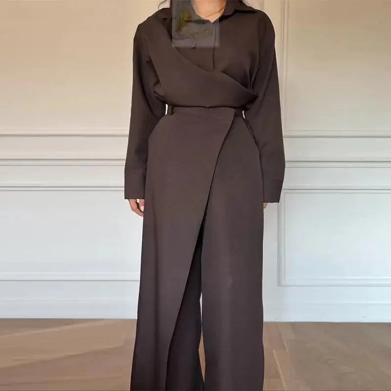 Solid Women's Shirt Trouser Suits Full Sleeve Turn-Down Collar Wide Leg Pants Lady Set LADYLYS