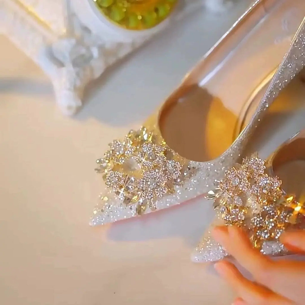 High Heel Shoes Fad Elegant Crystal Pointed Toe Pumps Retro Shallow LADYLYS