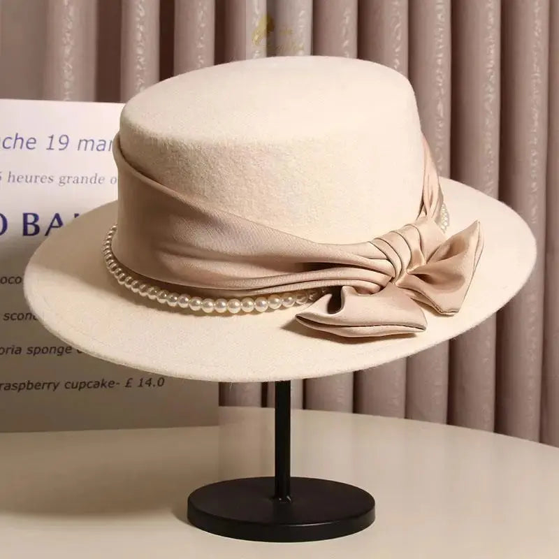 French Light Luxury Pearl Bow  Felt Flat Top Formal Hat Elegant LADYLYS