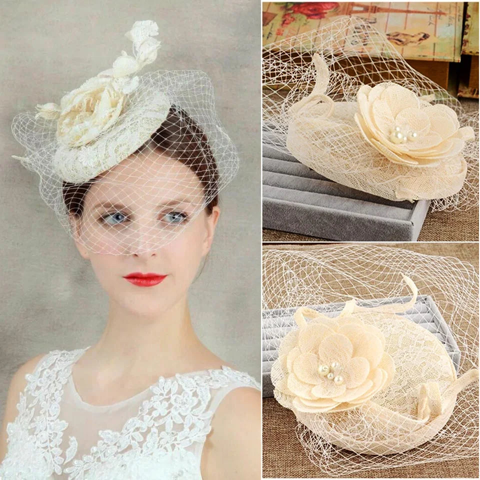 Vintage femmes dentelle chapeau de mariage fleurs maille visage voile perle fascinateur