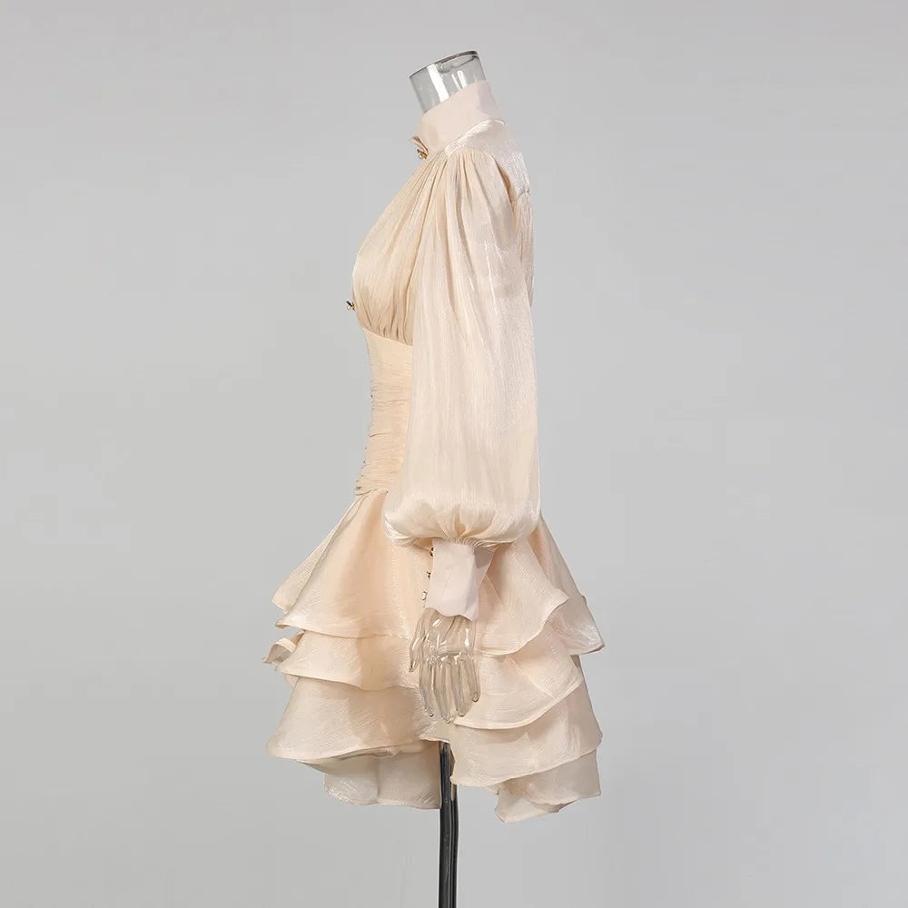 Solid Spliced Ruffles Dress Female Stand Collar Long Sleeve Loose French Elegant LADYLYS