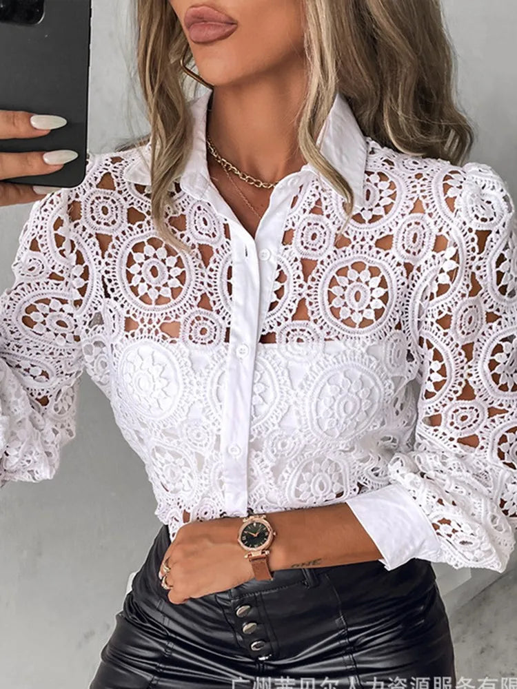 Lace Blouses Elegant Office White Shirt Long Sleeve Button Turn-down Collar Sexy
