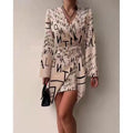Long Sleeved Fashionable Printed Pleated Dress Sexy V-neck Irregular Casual Short Dress
