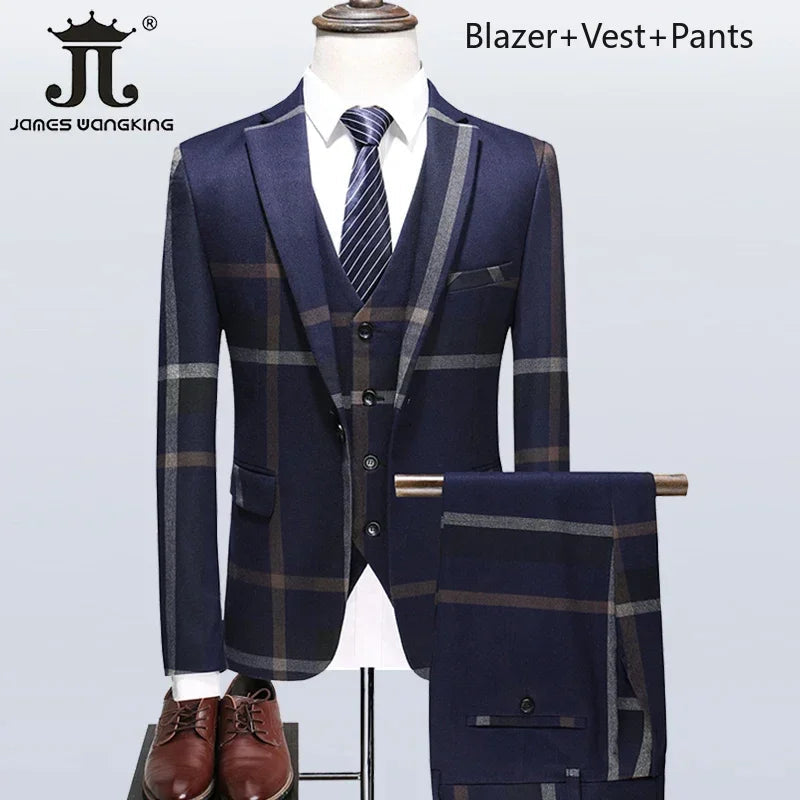Men's Formal Suits 3 Piece Set British Plaid Style (Blazer + Vest + Trousers) LADYLYS