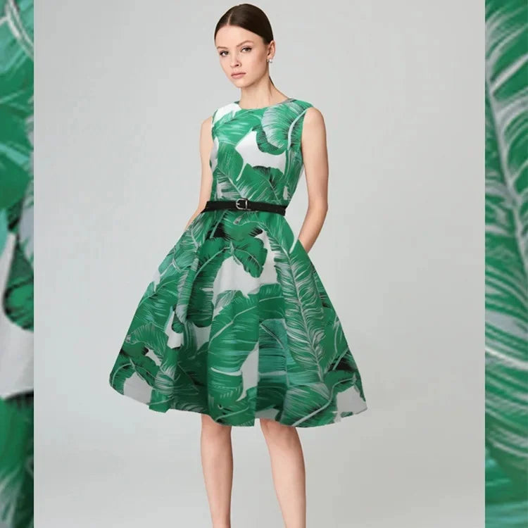 Retro Hepburn Style Sleeveless Printed Slimming Dress with Belt Large Skirt Evening Gown LADYLYS