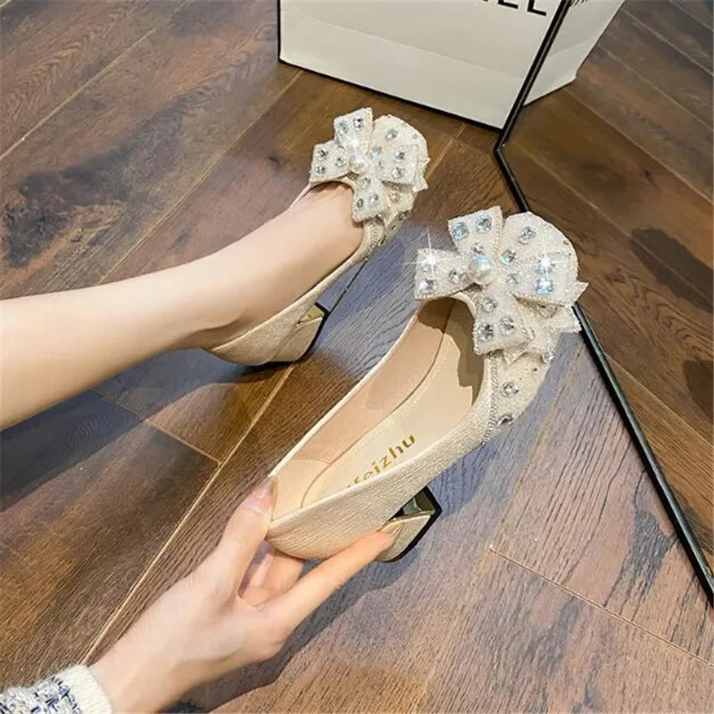 Fashion Thick Heel Square Toe Rhinestone Shallow Mouth Women Shoes Large Size 43 LADYLYS