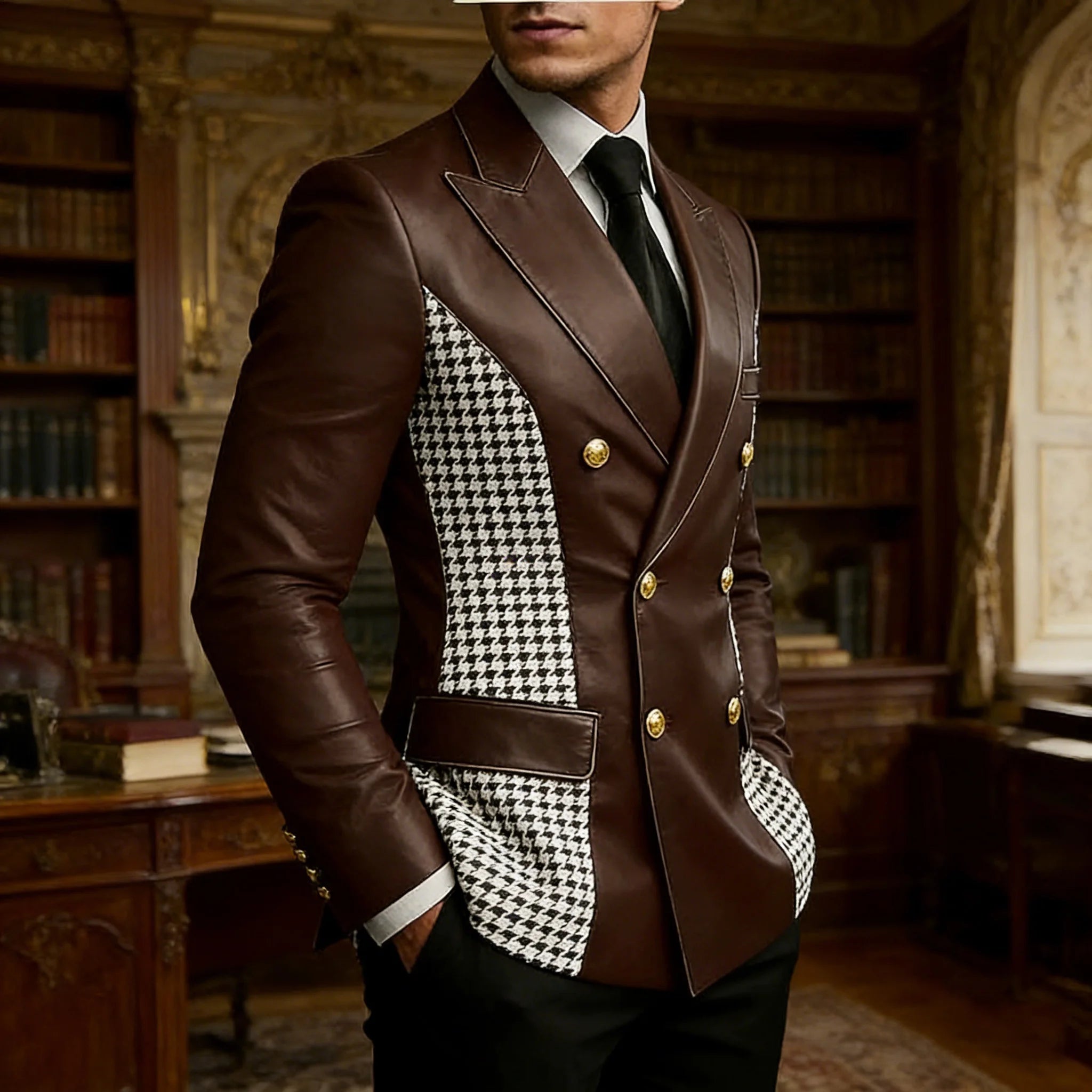 Leather Blazer With Houndstooth Sides Vintage Two-Tone Double Breasted LADYLYS
