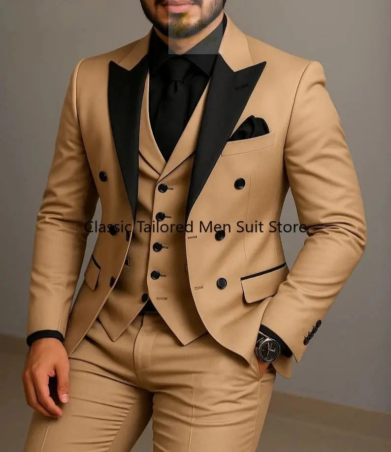 Beige Double Breasted Black Lapel  Slim Fit Wedding Suit LADYLYS