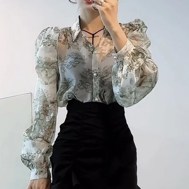 Vintage Printed Lapel Button Puff Sleeve Shirts Lady Blouses