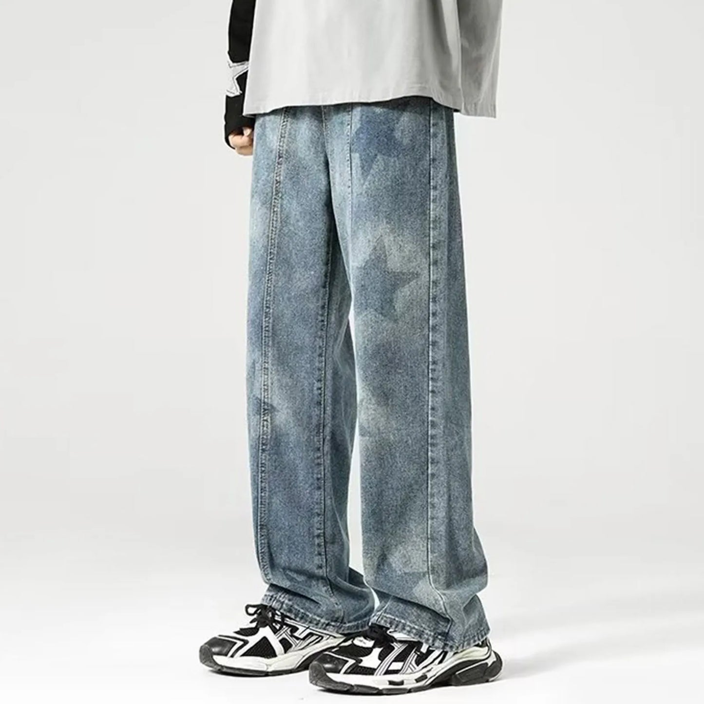 Jean Baggy pour homme, pantalon en denim droit à imprimé étoiles, style hip-hop