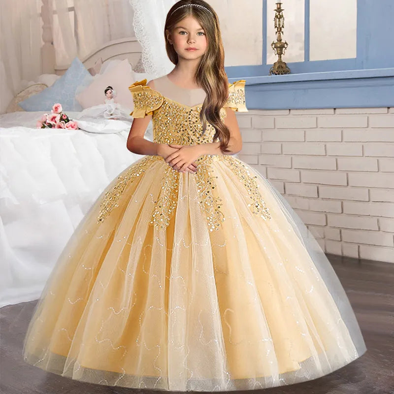 Robe de mariée à fleurs pour filles, tenue longue de princesse en Tulle pour enfants