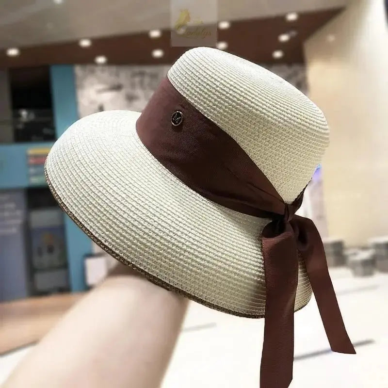 French Retro Straw Sun Hat with Bow Detail - Hepburn Style Elegant Wide Brim LADYLYS