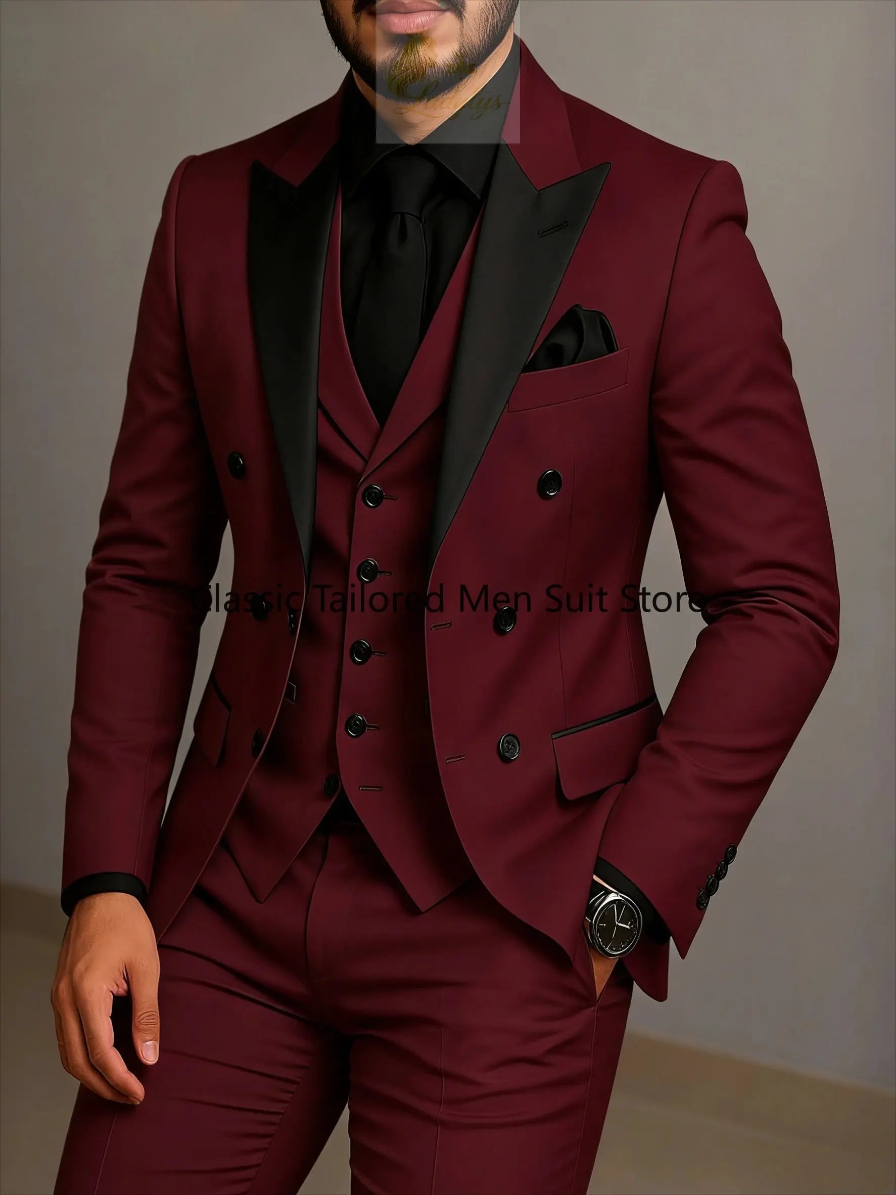 Beige Double Breasted Black Lapel  Slim Fit Wedding Suit LADYLYS