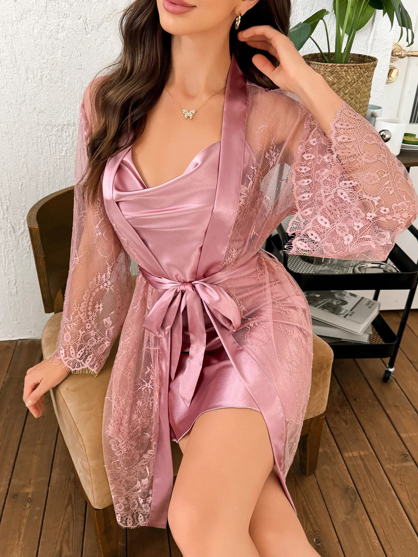 Hot Selling Solid Color Polyester Nightgown Lace See Through Robe For Women 2pcs Set LADYLYS