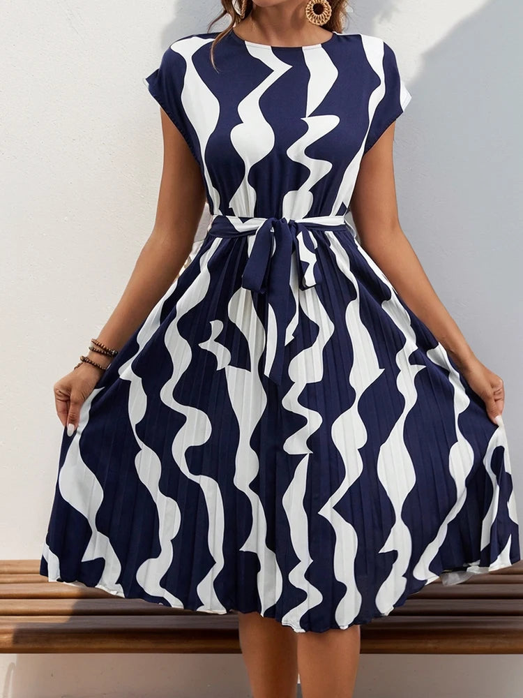 Spring Summer O Neck Pleated Medium Long Dress Fashion Print Lace-up Dress LADYLYS