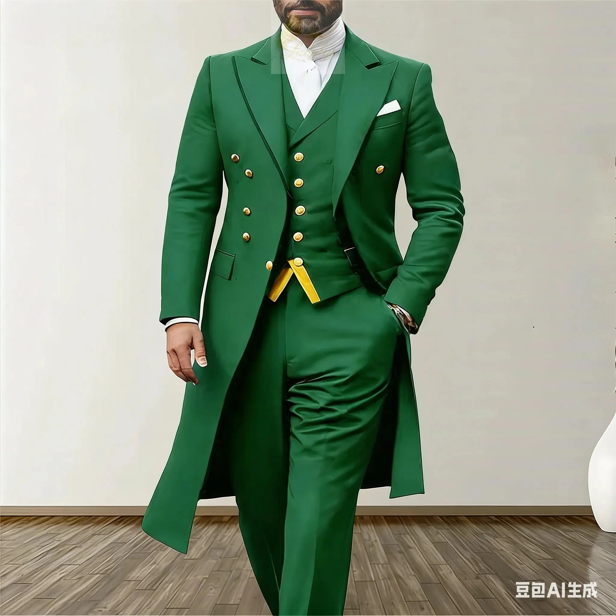 Men Suits 3 Piece Long Blazer Vest Pants Satin One Button Tuxedo LADYLYS