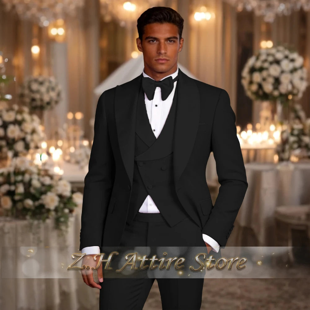 Elegant men's 3pcs suit spliced satin lapel jacket vest pants LADYLYS